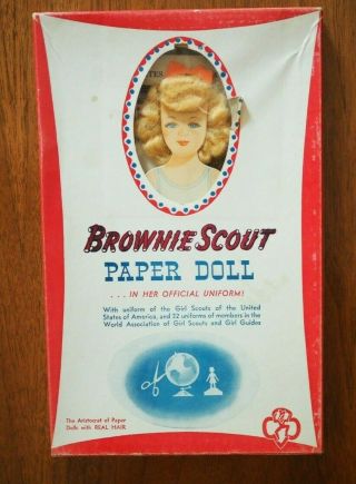 Vintage Girl Scout Brownie Paper Doll With Hair And 32 Cut - Out Uniforms Complete