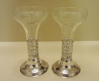 Pair Vintage Elegant Etched Glass & Pierced Sterling Silver Epergne Vases