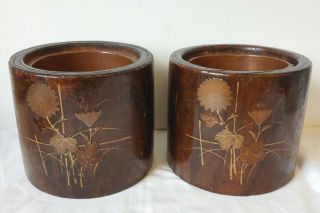 Vintage 2 Japanese Kiri Wood Tree Trunk Ikebana Flower Pots With Copper Liner