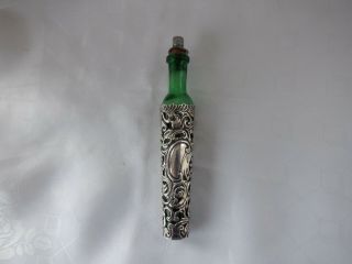 Antique 1900 Green Slender Glass Scent/perfume Bottle In Silver Holder 5 1/2 "