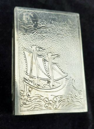 Vtg Chinese Export Nanking Sterling Silver Matchbox Holder Engraved Junk Boat