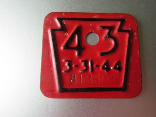 Vintage Pennsylvania Metal License Plate Tag 2 " X2 " 3 - 31 - 44