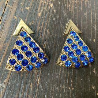 Vintage Zoe Coste Couture France Blue Rhinestone Earrings Clip
