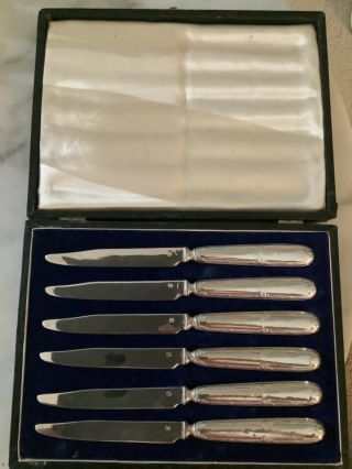 Antique Box Set 6 European Sterling Blade And Handle Fruit Knives