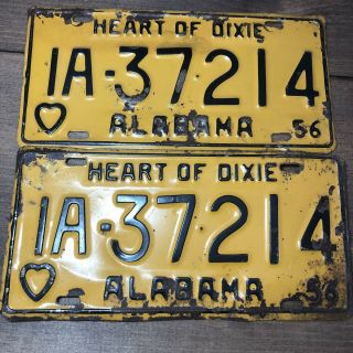 Vintage 1956 Alabama Vehicle License Plate Matching Pair Heart Of Dixie