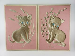 Rare Vintage Hans Richter 1961 Negative Relief Plaster Plaque Cats Set Of 2