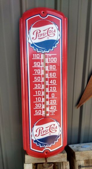 Vintage 27 " Pepsi Cola Soda Bottle Cap Metal Sign Thermometer Usa