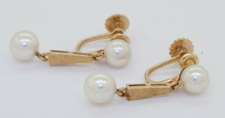 Vintage 14K gold 7.  5mm pearl florentine drop screw back dangle earrings 2