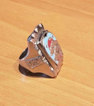 Vintage Silver And Enamel Mexican Biker Ring Double Horse Head And Aztec 7.  5