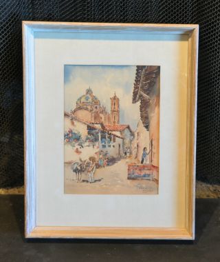 Vintage Watercolor Painting - Taxco Mexico Street Scene - Santa Prisca Church