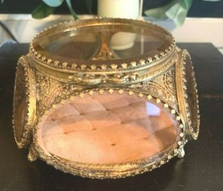 Vintage Ormolu Gold Filigree Beveled Glass Jewelry Hinge Box
