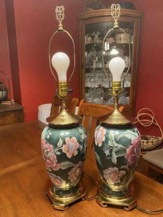 Vintage Asian Hand Painted Ginger Jar Brass And Porcelain Lamps W/shades