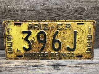 1939 Arizona License Plate Cp 396l Marcos De Niza Paint