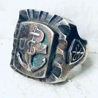 40s 50s Vintage Mexican Biker Ring Usn Anchor Mens Ww2 Mexico Mixed Metal