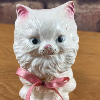 White Persian Kitten Figurine Pink Bow & Ears Vintage Chips On Ears Nose