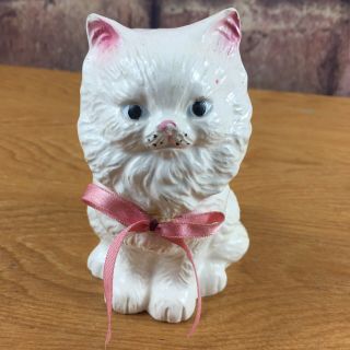 White Persian Kitten Figurine Pink Bow & Ears Vintage Chips On Ears Nose 2