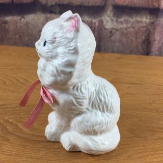 White Persian Kitten Figurine Pink Bow & Ears Vintage Chips On Ears Nose 3