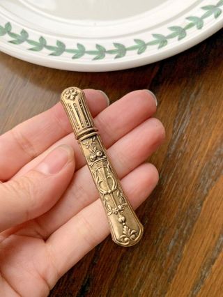 French Roses Brass Ornate Needle Toothpick Case Victorian Art Nouveau Antique