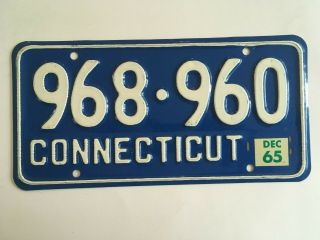 1965 Connecticut License Plate " Vg " Natural Sticker On 1957 Base