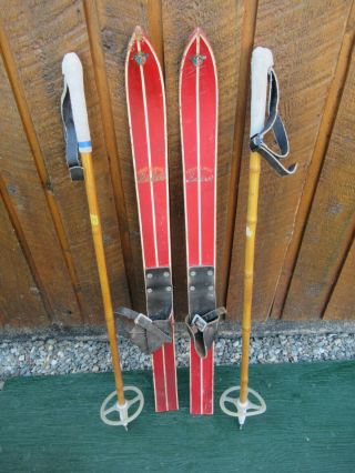 Vintage Wooden Skis 36 " Long W/ Leather Bindings Bamboo Pole Signed Lucky Clover