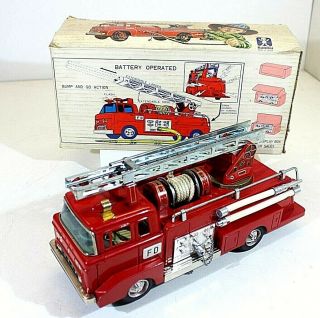 Bandai Ford Fire Engine Truck,  Battery Op.  Vtg,  Tin,  Japan Mib