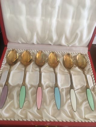Vintage Frigast Denmark Sterling Silver Enamel Demitasse Spoons Set 6
