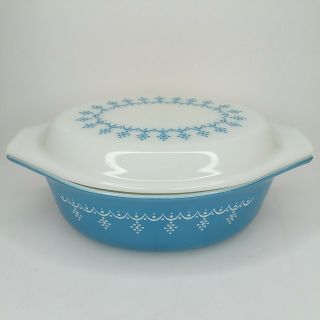 Vintage Pyrex Snowflake Blue Garland 1.  5 Qt 043 Oval Casserole Elizlar - 33