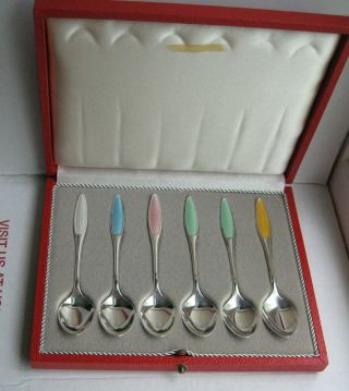 Set Of 6 Denmark Frigast Sterling Silver Guilloche Enamel Demitasse Spoons