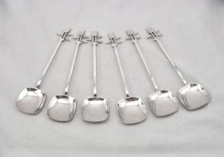 Vintage 950 Sterling Silver Japanese Set Of 6 Spoons Shamisen Musical Instrument