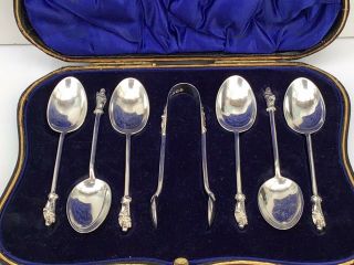 Antique Boxed Set Of 6 Solid Silver Apostle Spoons And Tongs 1916