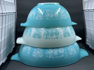 3 Vintage Pyrex Amish Butterprint Cinderella Turquoise Nesting Mixing Bowl Set