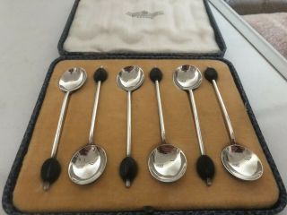 Vintage Set Of 6 Sterling Silver Coffee Bean Spoons With Black Beans (birm 1928)