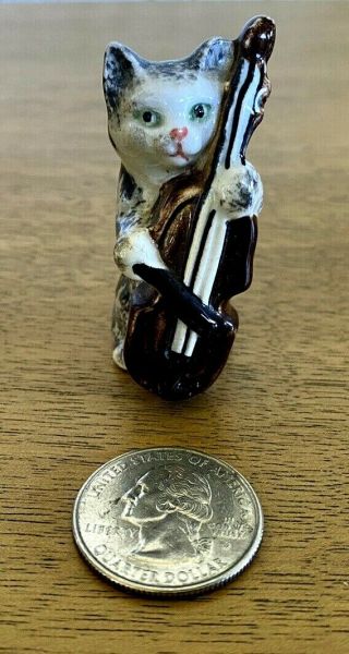 Vtg Miniature Hand Painted Sitting Kitty Cat Playing A Cello Figurine 1 - 1/8in T