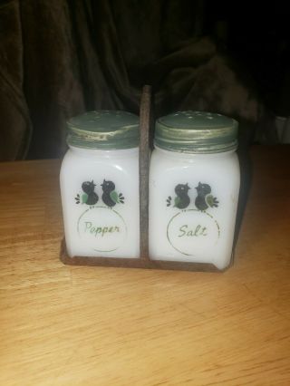 Vintage Mckee Black Birdwhite Milk Glass Salt & Pepper Shakers With Caddy