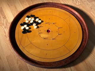 Old Vintage Crokinole Wooden Board Game With Wooden Discs