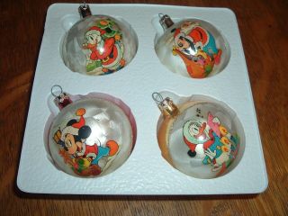 4 Vintage Disney Glass Christmas Ornaments Mickey Donald Duck Goofy Glitter