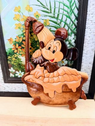 Vintage Disney Mickey Mouse Bath Tub Wall Decoration Wood Intarsia Marquetry