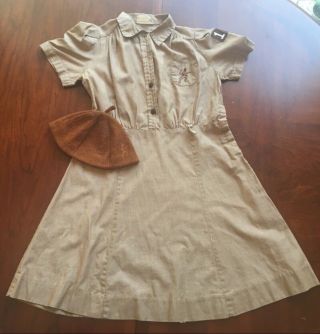 Vintage Girl Scout Brownie Dress Uniform Gsa 13 With Elf Pixie Brownie Beanie