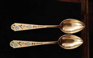 Pair Russian Silver Gilt And Enamel Spoons.