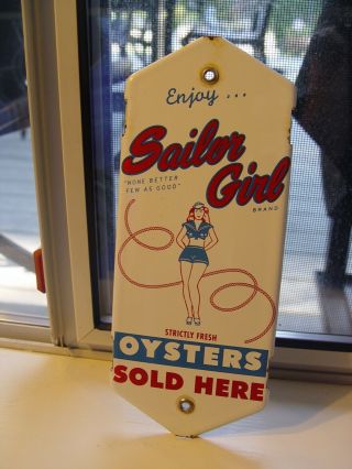 Vintage Sailor Girl Oysters Here Porcelain Advertising Door Push Sign