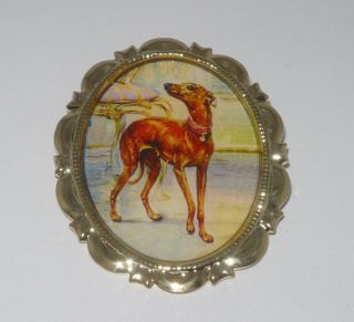 Altered Art Brooch Pin Pendant Combo,  Red Italian Greyhound,  Gold Plated Setting