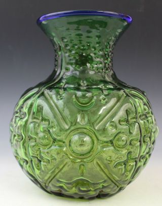 Vintage Blenko Emerald Green Art Glass Large Globe Vase Cobalt Blue Rim