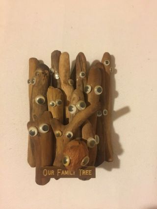 Vintage Folk Art Handcrafted Drift Wood Twigs Google Eyes " Our Family Tree "