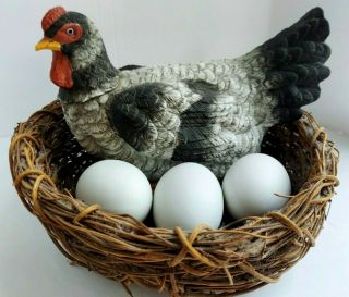 Vintage Flambro Ceramic Chicken Hen In Nest With Eggs Farmhouse Country Decor