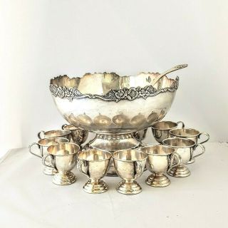 13 Piece Punch Bowl Set Nickle Silver Ep Japan Rose Embossed
