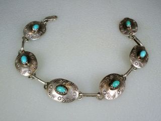 Vintage Navajo Stamped Sterling Silver & Turquoise Concho Link Bracelet Signed