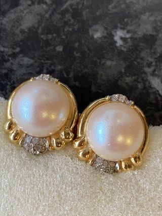 Vintage Givenchy Gold Plated Faux Pearl And White Crystal Clip On Earrings