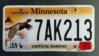 Minnesota License Plate Critical Habitat Pheasant Reinvest No tabs 7AK213 Alum 2