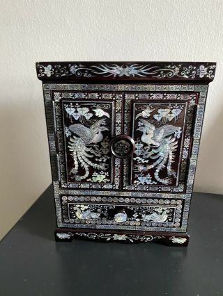 Vintage Black Lacquer W/ Mother Of Pearl Inlay Oriental Jewelry Box Phoenix Bird