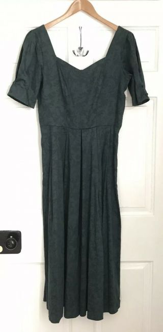 Vintage Laura Ashley Tea Dress 14 Forest Green Full Skirt Damask Pattern